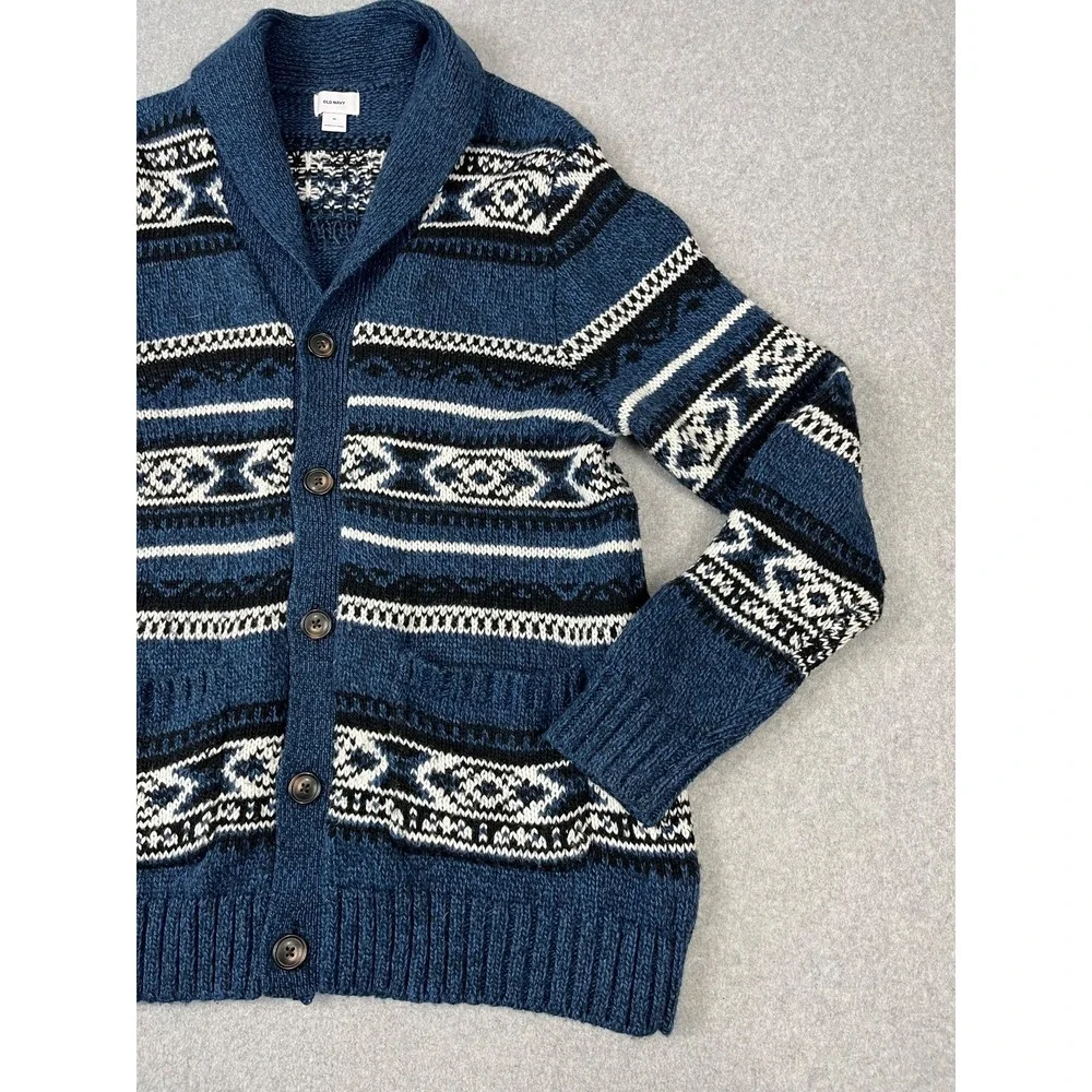Old Navy Cardigan Mens XL Blue Fair Isle Shawl Collar Wool Blend Sweater